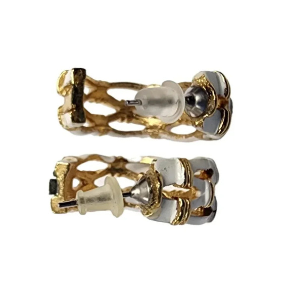 Vintage White Enamel Bamboo Half Hoop Earrings Gold Tone - Picture 3 of 4